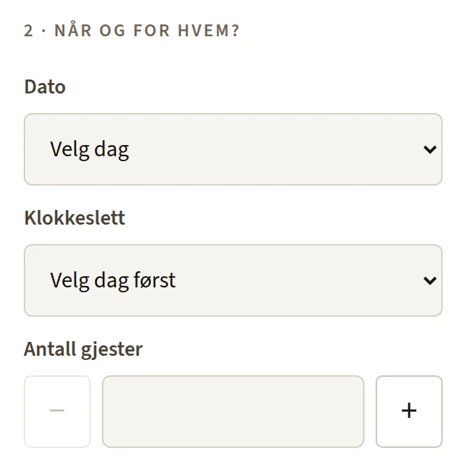 Bestillingsskjemaet for buffet på pavarottipub.no: felt for dato, klokkeslett og antall gjester