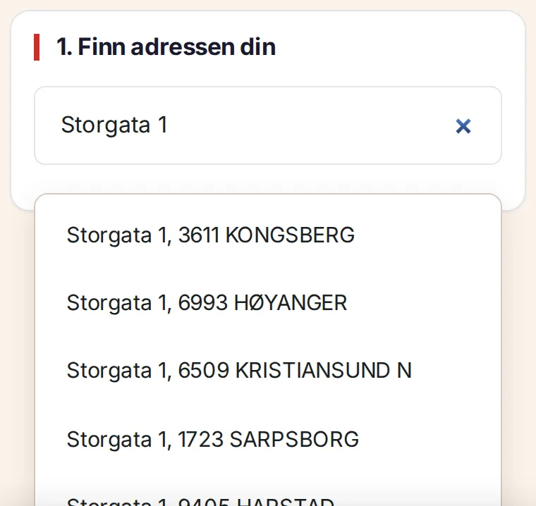 OHO Roof: kunden skriver adressen og får forslag fra Kartverket
