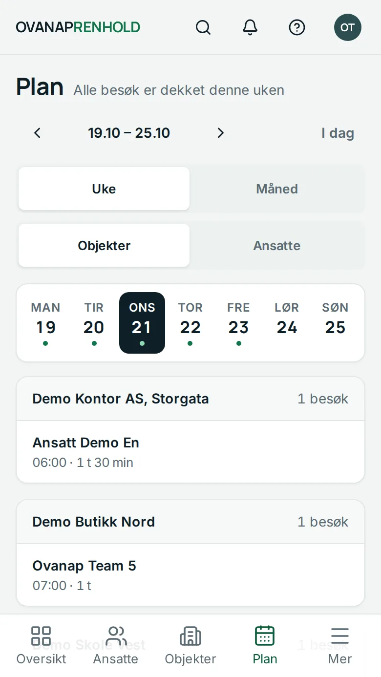 Ukeplanen i Ovanap Renhold på mobil, med demodata.