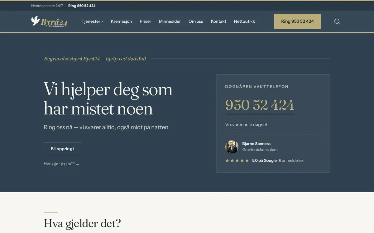 Nettsiden til begravelsesbyrået Byrå24