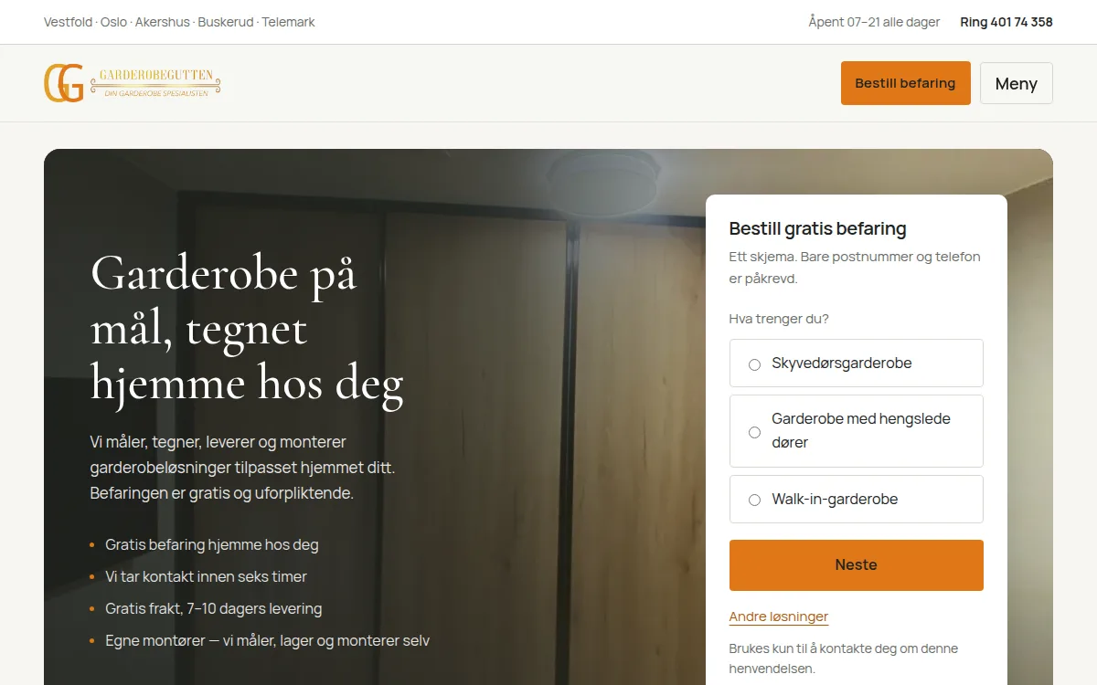 Nettsiden til Garderobegutten med befaringsskjema