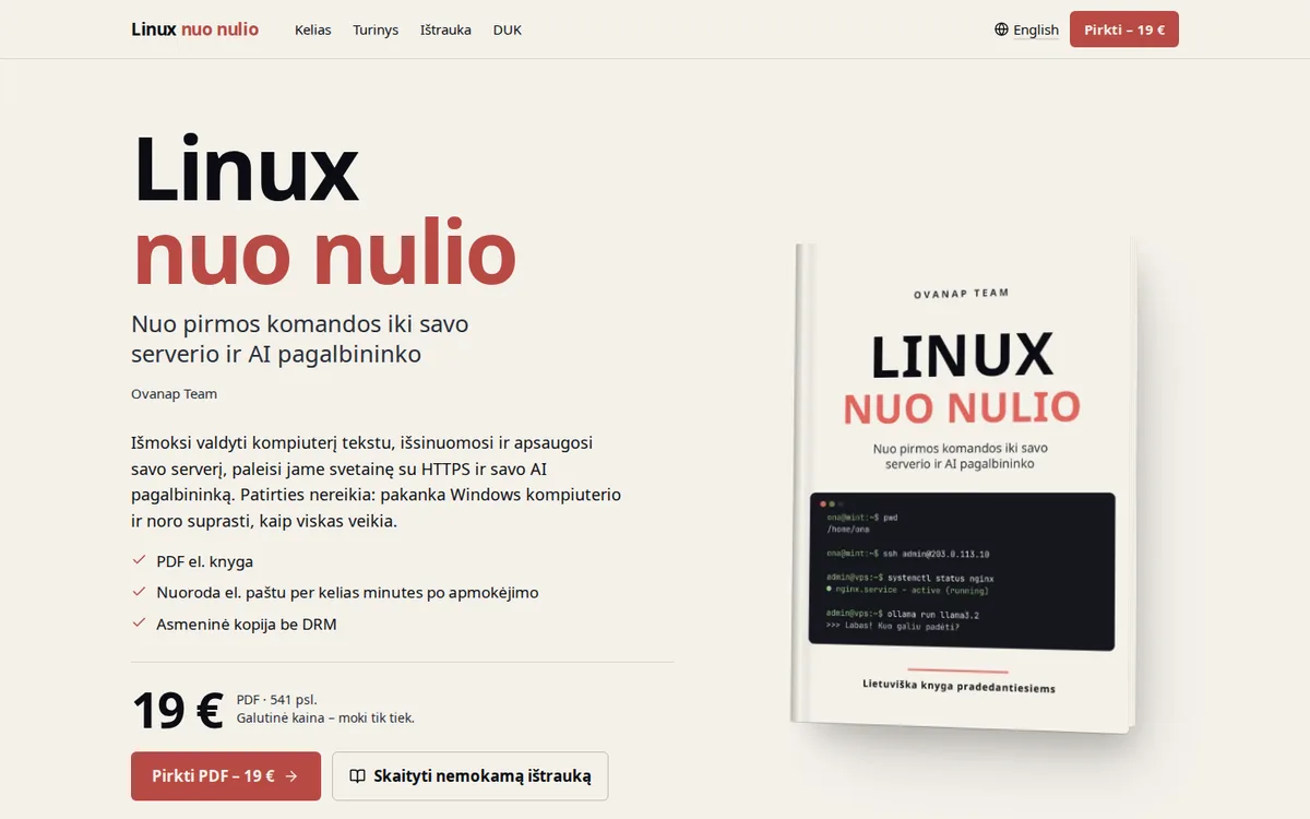 Nettsiden til boka Linux nuo nulio
