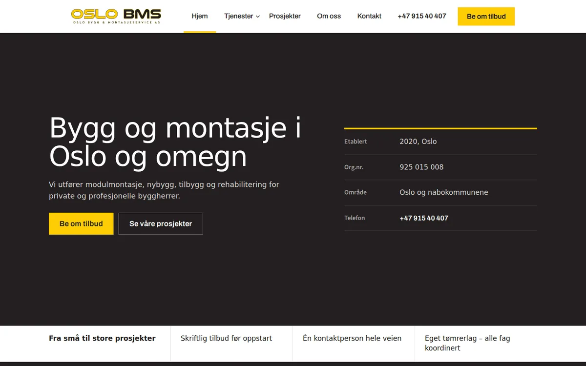 Nettsiden Ovanap laget for Oslo Bygg og Montasjeservice